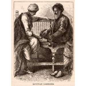  1875 Wood Engraving Egyptian Gamblers Smoking Hookah 