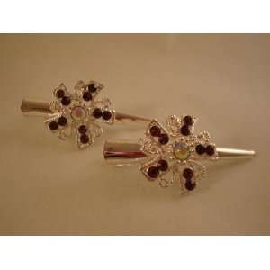  NEW Pair of Small Plum Purple Crystal Hair Flower Clips 