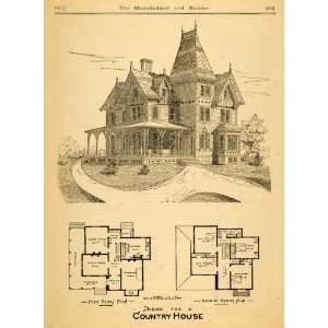  1873 Print Country House Architectural Design Floor Plans 