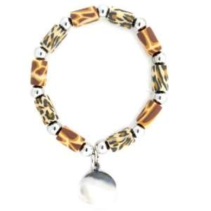 Sterling Silver Bead and Animal Print Bead Strectch Bracelet with 