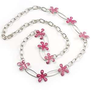  Long Oval Link Floral Necklace (Pink) Jewelry