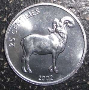 2002 Congo 25 centimes Oryx Ram animal wildlife coin  