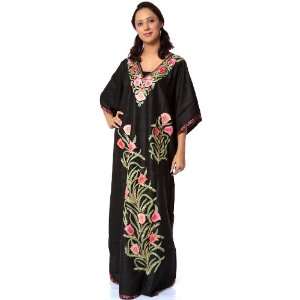 Black Kashmiri Kaftan with Embroidered Tulips in Pink Thread   Pure 