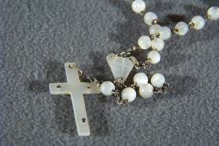 ANTIQUE SILVER RARE MOTHER OF PEARL BEAD CROSS ROSARY  