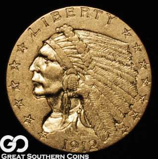 1912 $2.5 GOLD Indian Quarter Eagle CHOICE AU++  