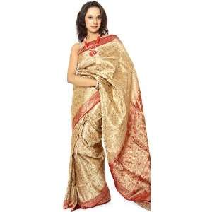 Beige Tanchoi Sari from Banaras with All Over Woven Flowers   Satin 