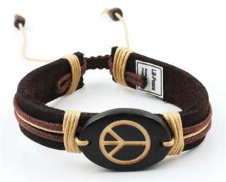 Trendy Genuine Leather Bracelet with Peace Sign  