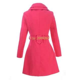 Womens Double Breasted Wool Trench Coat Tops Pink/Red/Black/Yellow 