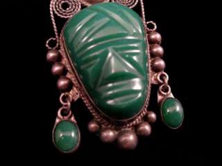   TAXCO MEXICO STERLING SILVER GREEN ONYX AZTEC MASK BROOCH PIN  