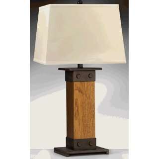  Aged Iron Oak Beam Table Lamp with Light Beige Shade