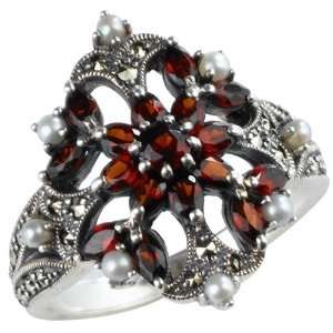  Garnet Fire Burst Silver Natural Seed Pearl Ring (size 9 