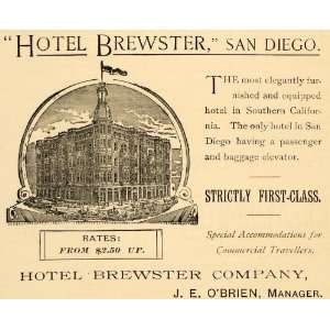  1891 Ad San Diego CA Hotel Brewster J. E. OBrien Rates 