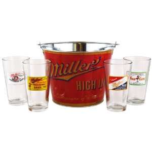  Miller Retro Pint Glasses and Beer Bucket Set  Miller 