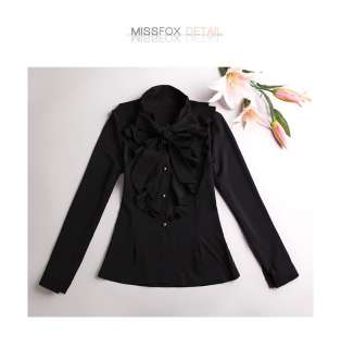 A1359 Japan Korea Fashion Black Women Ruffles Bow Long Sleeve Blouse 