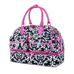  Damask Floral Print Oval Duffel w/ Bottom Compartment (Black 