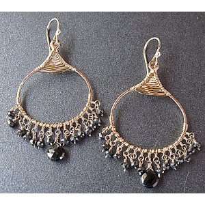  Sterling Silver Earrings Black Spinel on filagree wire drops Jewelry