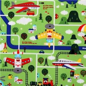  cute children map Kokka fabric from Japan green (Sold in 