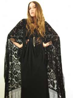 Vtg Black VELVET Floral BURN OUT Gypsy Goth FRINGE Kimono Scarf CAPE 