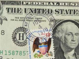US BICENTENNIAL STAMP CANCELED JULY 4 1976 ON $1 DOLLAR  
