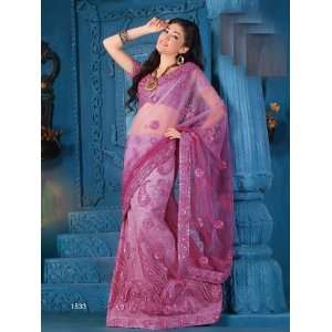 Bollywood Style Net Fabric Saree with Sequins & Ribbon Work   1533