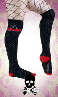   sweet cherry and polka dot thigh high socks. Knit socks in black with