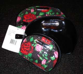 Betsey Johnson Black Sequin Rose Makeup cosmetic bags 3 piece set NWT 