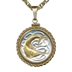   Coin Necklaces in Gold Filled Bezels   Singapore 20 cent Sword fish