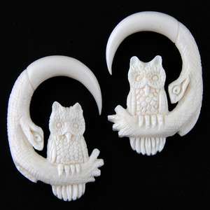   Carved Owl Design Organic Water Buffalo Bone Ear Hook Plugs Gauges