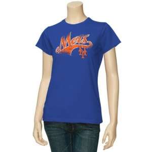 New York Mets Ladies Royal Blue Distressed Arched Logo T shirt  