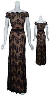 Divine black lace overlay evening gown has off the shoulder cap 
