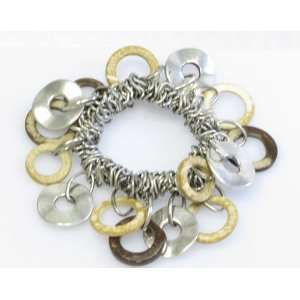  Metal and Wood Disc Stretch Bracelet (Silver) Jewelry