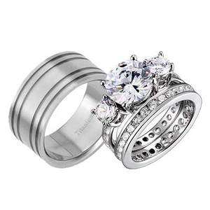   Hers Titanium Sterling Silver 3 Stone Cubic Zirconia Wedding Ring Set