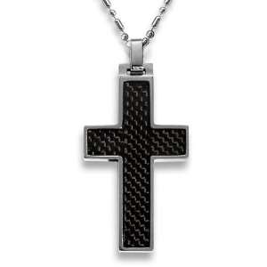  Tungsten Carbide Black Carbon Fiber Inlay Cross Necklace Jewelry