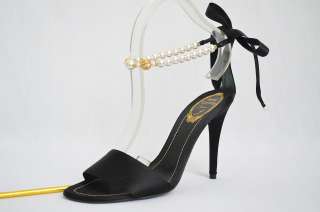RENE CAOVILLA Black Satin High Heel Pump Pearl Jeweled Gold Sandal 7.5 