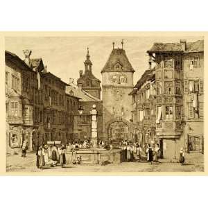  1915 Print Samuel Prout Art Schaffhuasen Switzerland Clock 