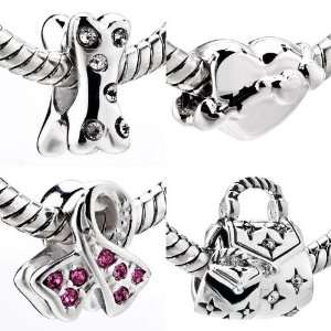 925 Sterling Silver Beads Charms Set Dog Bone Beads Pink Breast Cancer 