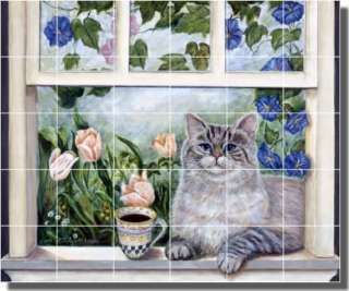Paterson Cat Animal Window Flowers Ceramic Tile Mural  