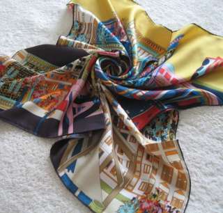 Gorgeous Yellow City Space 100%Silk Square Scarf 34  