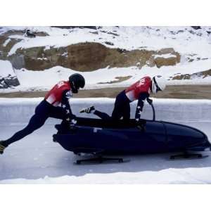  Two Man Bobsled Team Pushing Off at the Start , Lake 