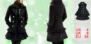 Ladies Silver Tone Button Up Ruffled Cuffs Coat Black S  