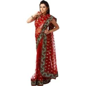 Bridal Red Shimmer Sari with Patch Border and Ari Embroidered Paisleys 