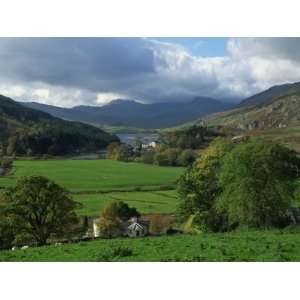View from Valley to Snowdonia Mountains, Snowdonia, Gwynedd, Wales 