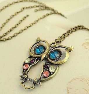 New Fashion Lovely Multicolor Jewel Big Eyes Owl Pendant Long Necklace 