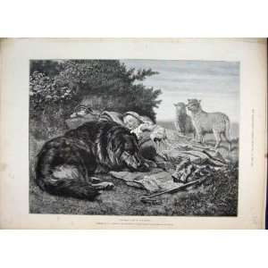  1888 Little Girl Sleeping Dog Lambs Country Scene Print 
