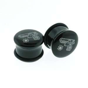 00G Black Acrylic Plug with Gun and Bullet Hole Design with O Ring 