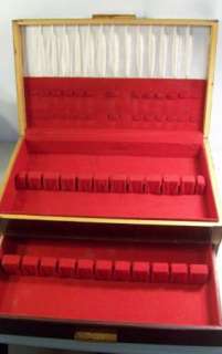 vintage WOOD WOODEN SILVERWARE FLATWARE lined STORAGE BOX CASE w 