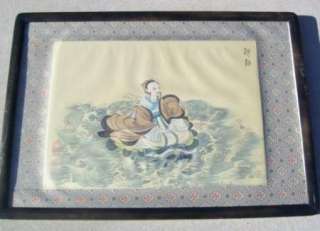Old Chinese Silk Painting,Frame, Matte,sign~Man & Fish  