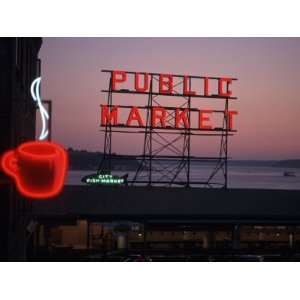 Neon Sign of Coffee Cup at Pike Place Market, Seattle, Washington, USA 