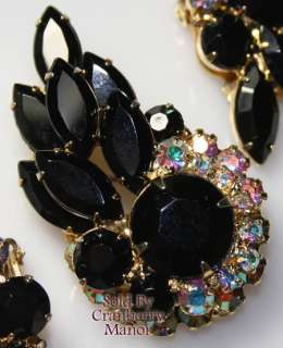 Vintage D&E JULIANA JET BLACK Rhinestone Brooch Earrings  