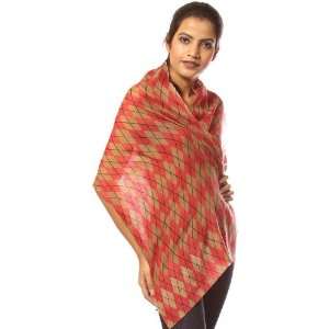   Red Scarf with Rhomboid Printed Checks   Silk Wool 